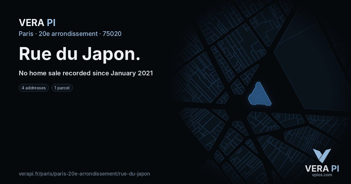 Rue du Japon, 20e arrondissement at night – every parcel coloured by the prices around it, the street's own parcels lit