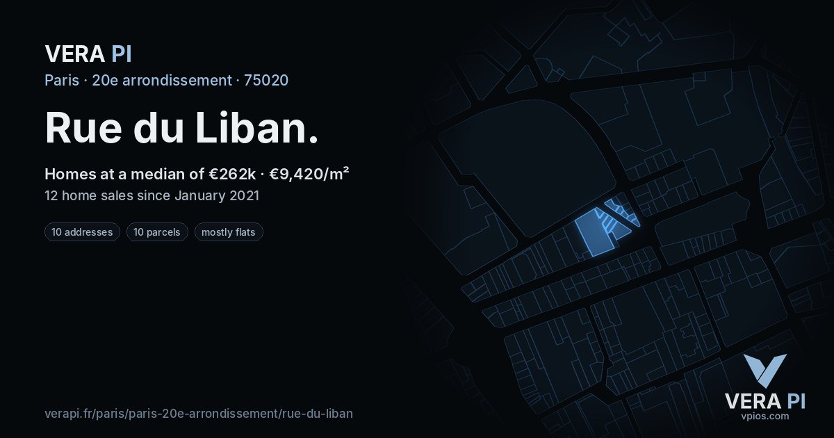 Rue du Liban, 20e arrondissement at night – every parcel coloured by the prices around it, the street's own parcels lit