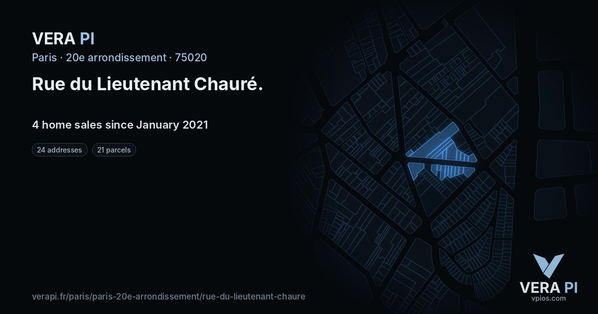 Rue du Lieutenant Chauré, 20e arrondissement at night – every parcel coloured by the prices around it, the street's own parcels lit