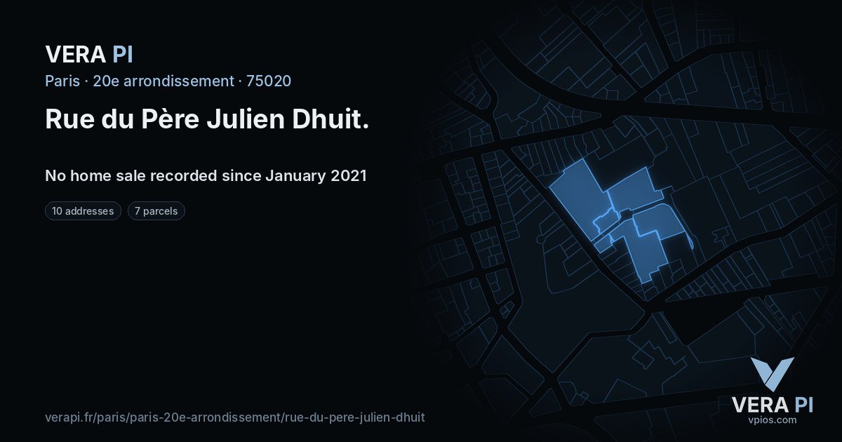 Rue du Père Julien Dhuit, 20e arrondissement at night – every parcel coloured by the prices around it, the street's own parcels lit