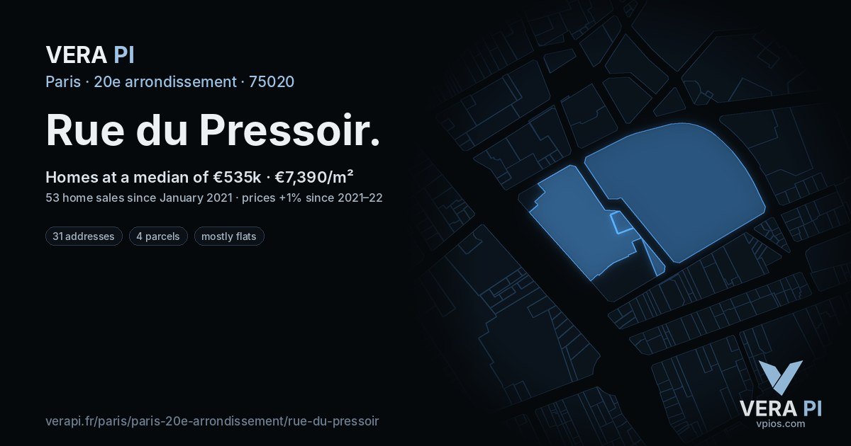 Rue du Pressoir, 20e arrondissement at night – every parcel coloured by the prices around it, the street's own parcels lit