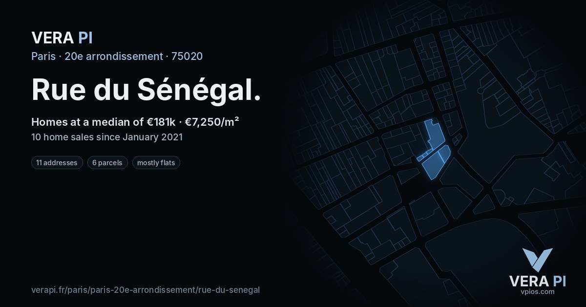 Rue du Sénégal, 20e arrondissement at night – every parcel coloured by the prices around it, the street's own parcels lit