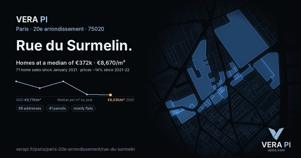 Rue du Surmelin, 20e arrondissement at night – every parcel coloured by the prices around it, the street's own parcels lit