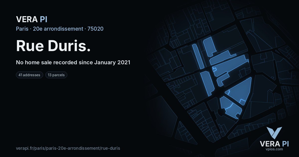 Rue Duris, 20e arrondissement at night – every parcel coloured by the prices around it, the street's own parcels lit