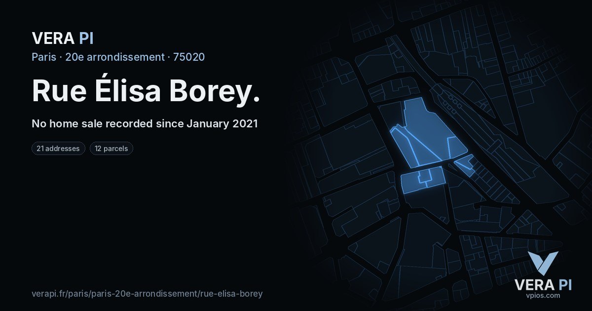 Rue Élisa Borey, 20e arrondissement at night – every parcel coloured by the prices around it, the street's own parcels lit