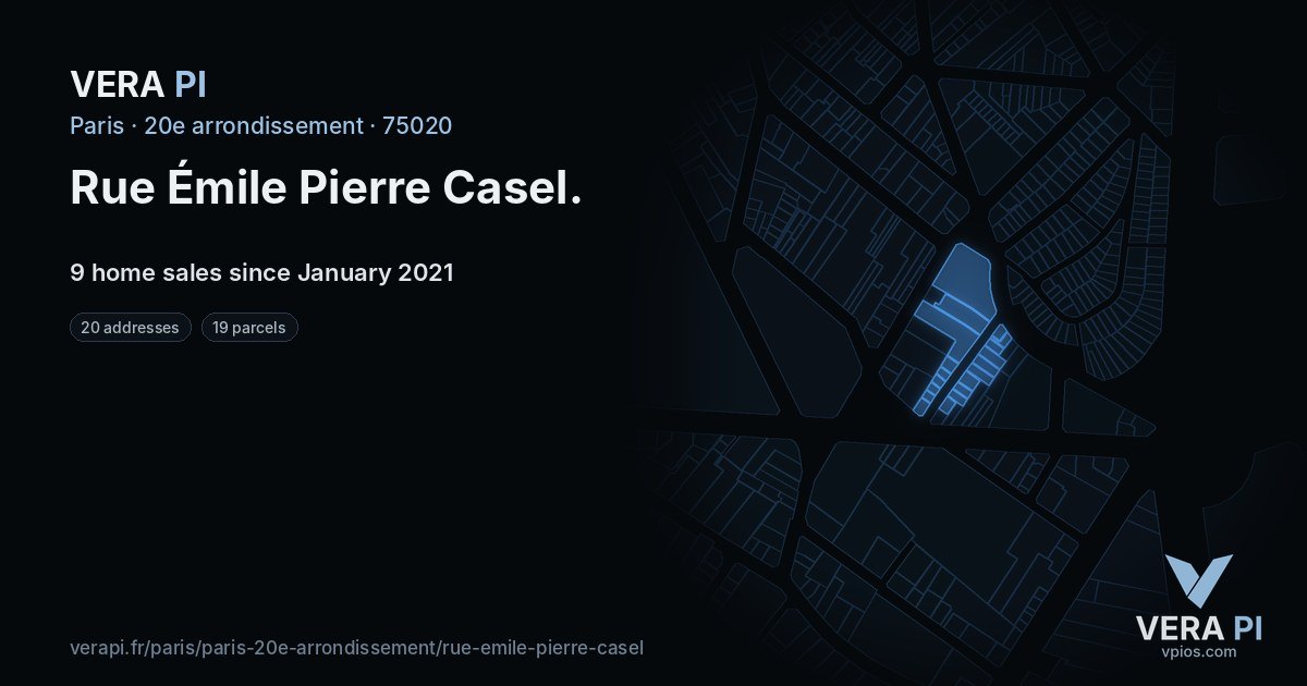 Rue Émile Pierre Casel, 20e arrondissement at night – every parcel coloured by the prices around it, the street's own parcels lit