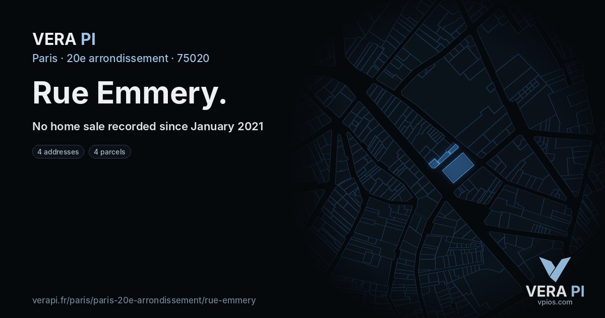 Rue Emmery, 20e arrondissement at night – every parcel coloured by the prices around it, the street's own parcels lit