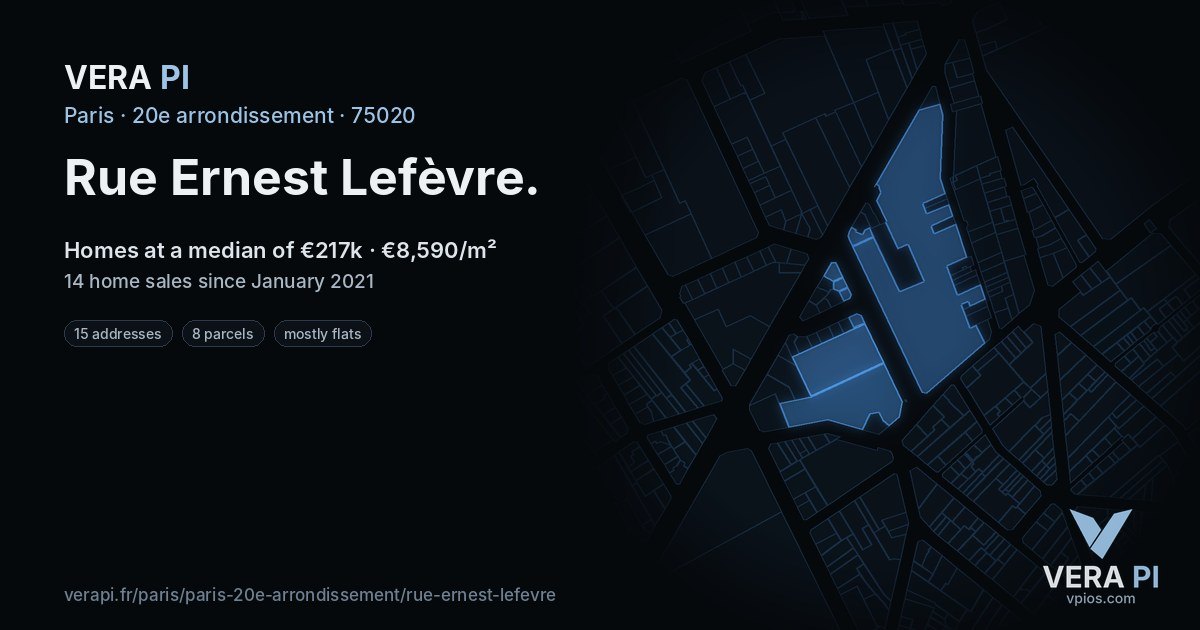 Rue Ernest Lefèvre, 20e arrondissement at night – every parcel coloured by the prices around it, the street's own parcels lit