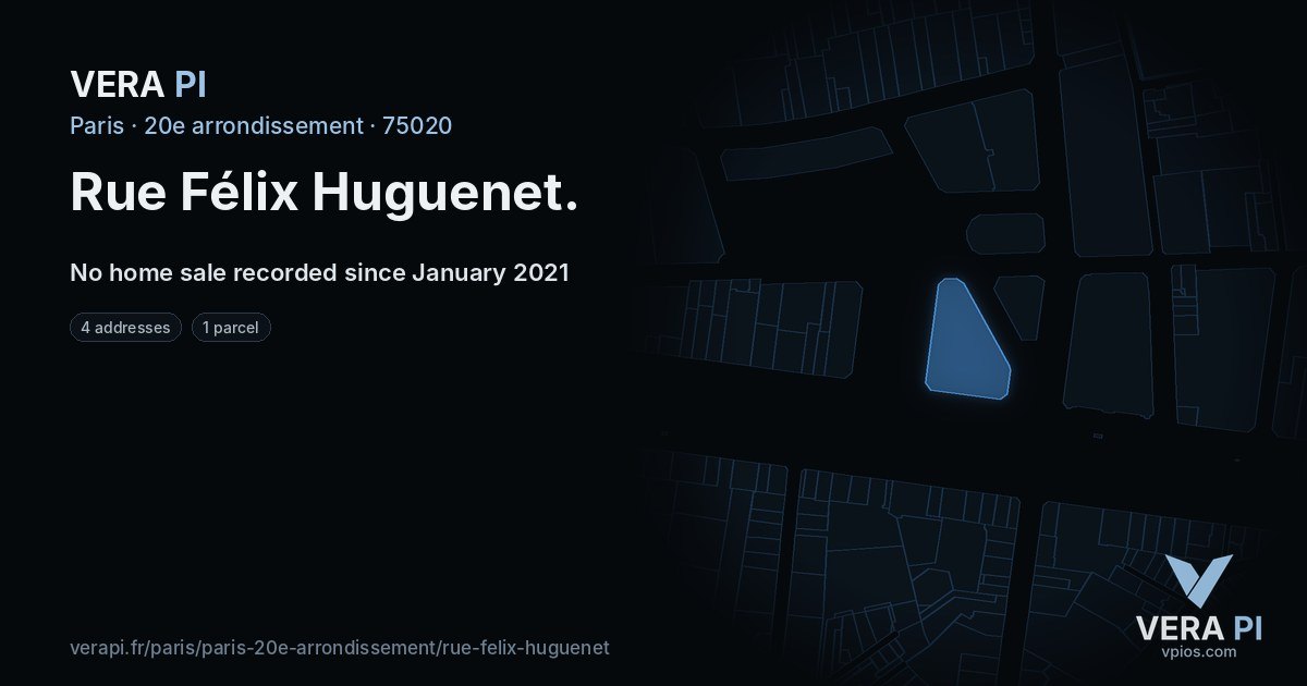 Rue Félix Huguenet, 20e arrondissement at night – every parcel coloured by the prices around it, the street's own parcels lit