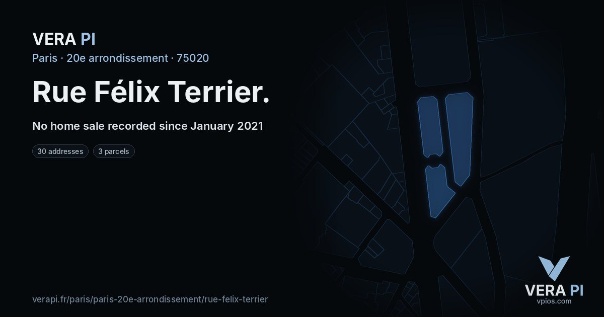 Rue Félix Terrier, 20e arrondissement at night – every parcel coloured by the prices around it, the street's own parcels lit