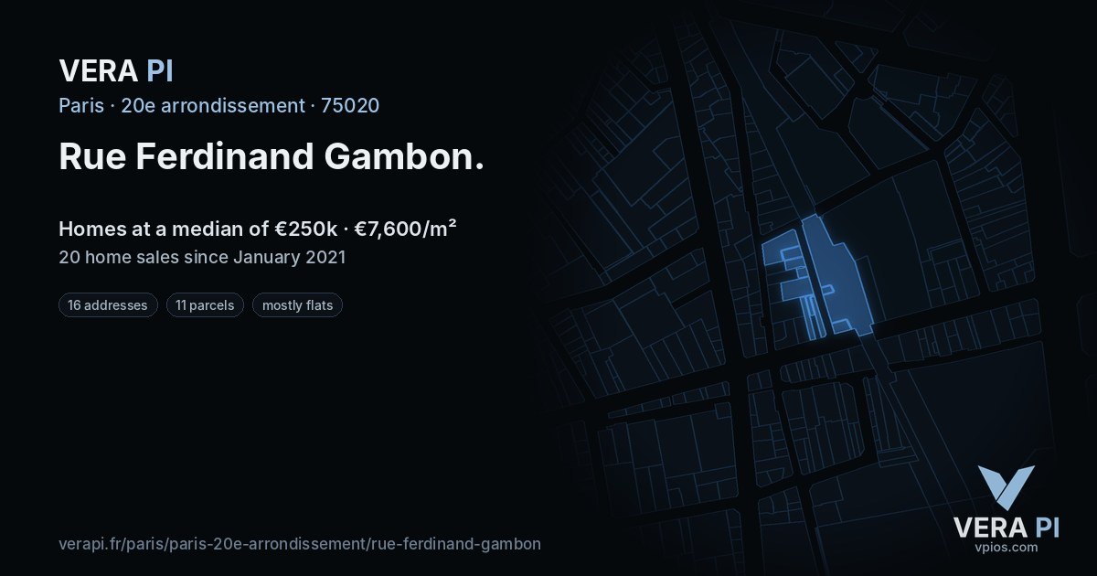 Rue Ferdinand Gambon, 20e arrondissement at night – every parcel coloured by the prices around it, the street's own parcels lit