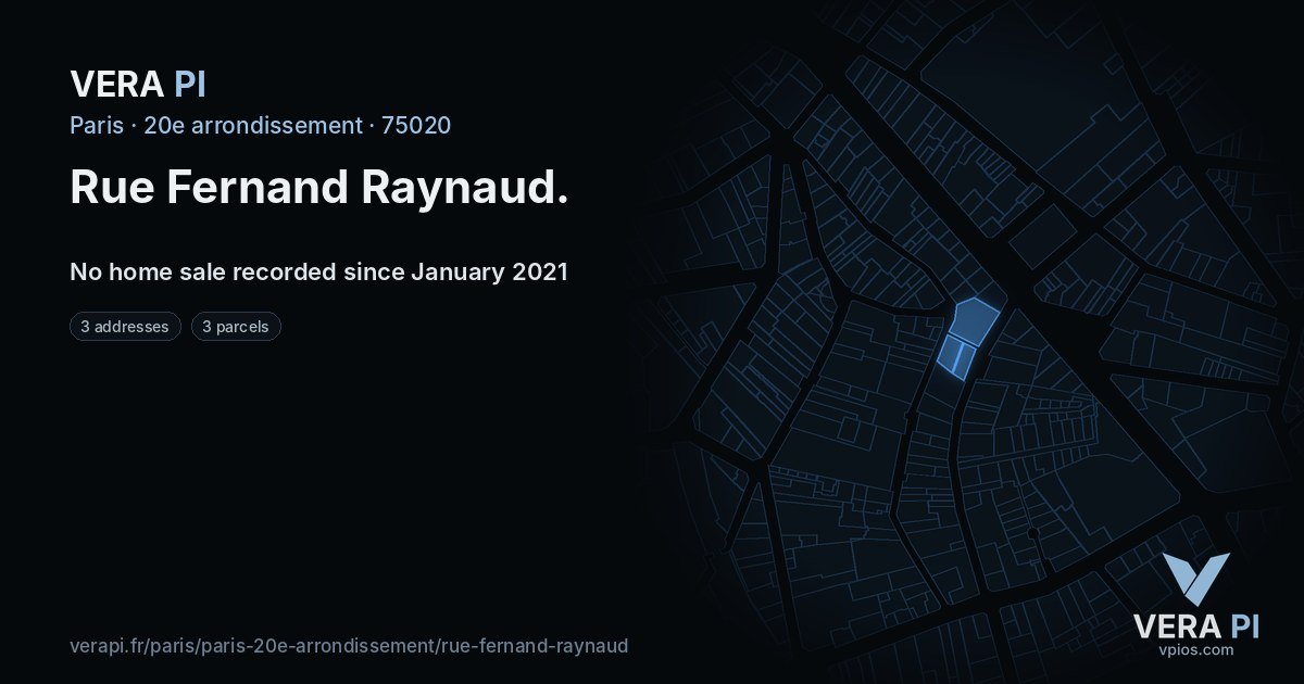 Rue Fernand Raynaud, 20e arrondissement at night – every parcel coloured by the prices around it, the street's own parcels lit
