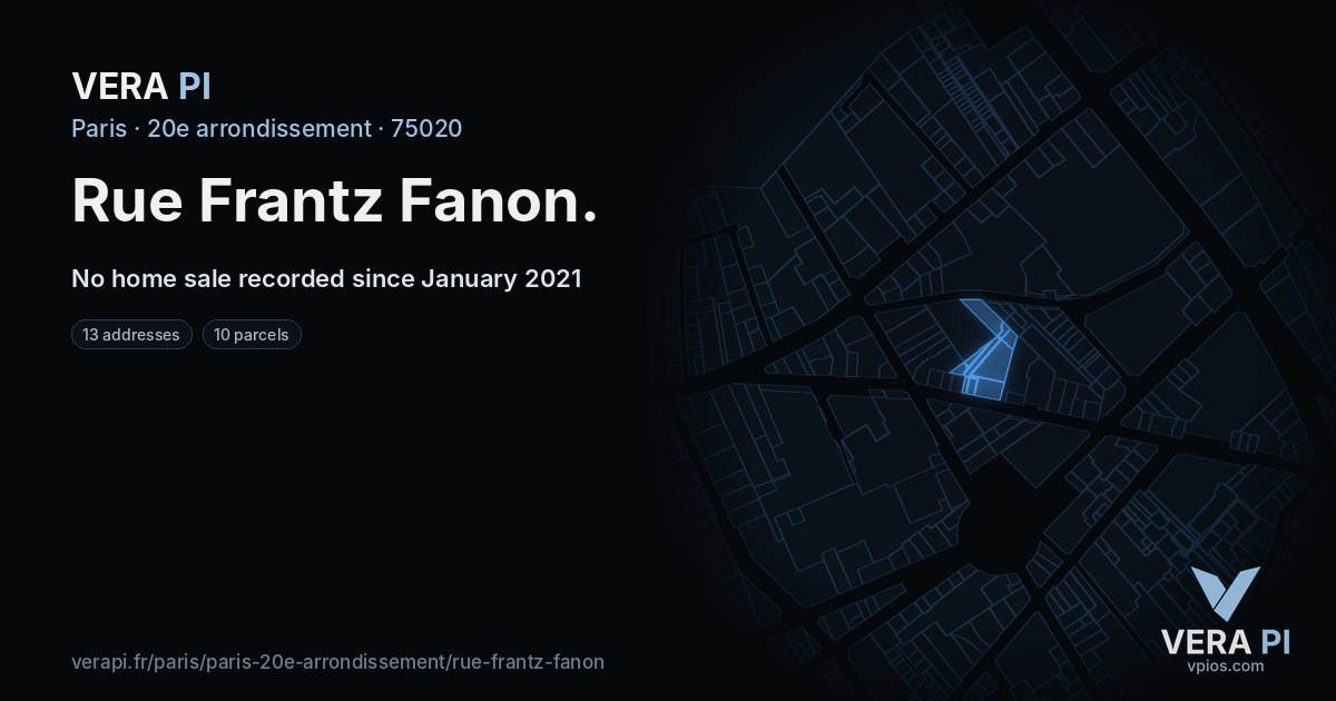 Rue Frantz Fanon, 20e arrondissement at night – every parcel coloured by the prices around it, the street's own parcels lit