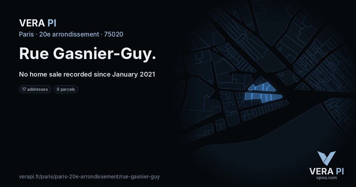 Rue Gasnier-Guy, 20e arrondissement at night – every parcel coloured by the prices around it, the street's own parcels lit