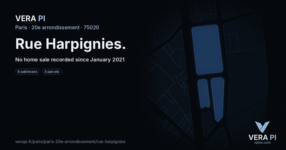 Rue Harpignies, 20e arrondissement at night – every parcel coloured by the prices around it, the street's own parcels lit