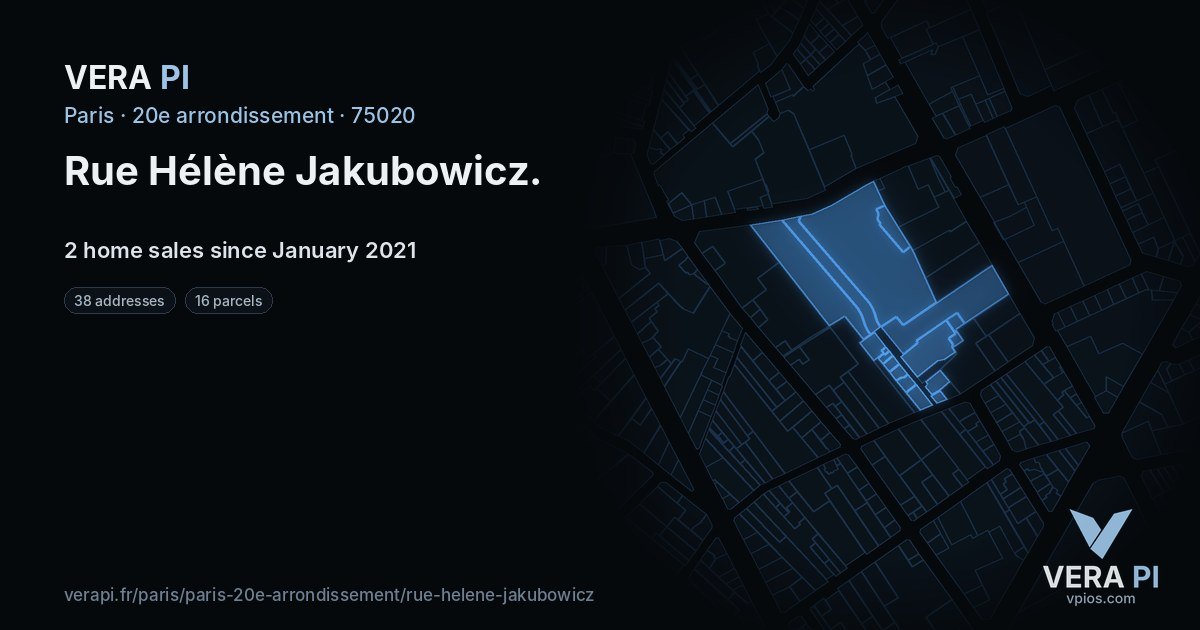 Rue Hélène Jakubowicz, 20e arrondissement at night – every parcel coloured by the prices around it, the street's own parcels lit