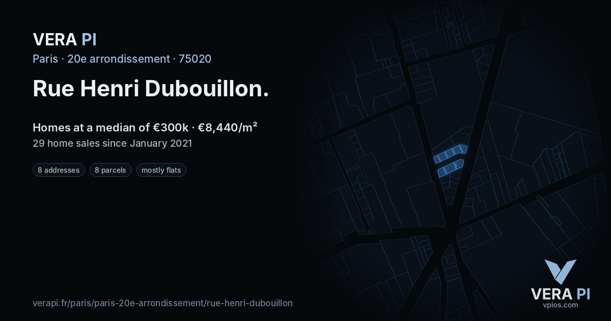 Rue Henri Dubouillon, 20e arrondissement at night – every parcel coloured by the prices around it, the street's own parcels lit