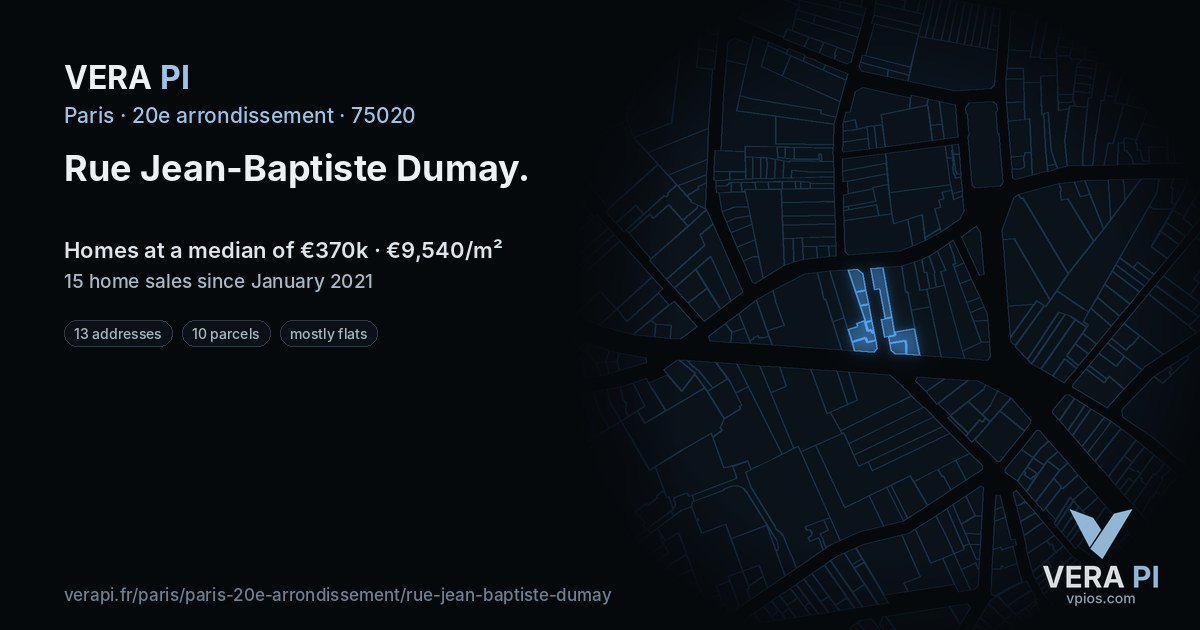 Rue Jean-Baptiste Dumay, 20e arrondissement at night – every parcel coloured by the prices around it, the street's own parcels lit