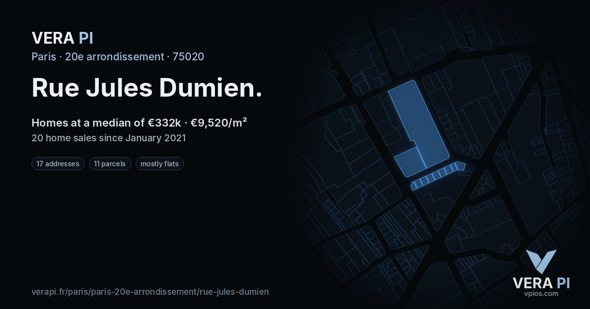 Rue Jules Dumien, 20e arrondissement at night – every parcel coloured by the prices around it, the street's own parcels lit