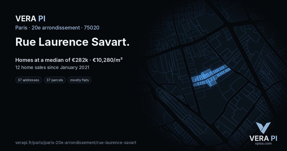 Rue Laurence Savart, 20e arrondissement at night – every parcel coloured by the prices around it, the street's own parcels lit