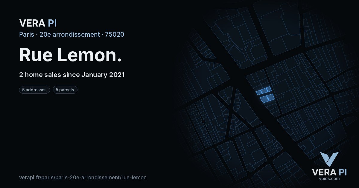 Rue Lemon, 20e arrondissement at night – every parcel coloured by the prices around it, the street's own parcels lit