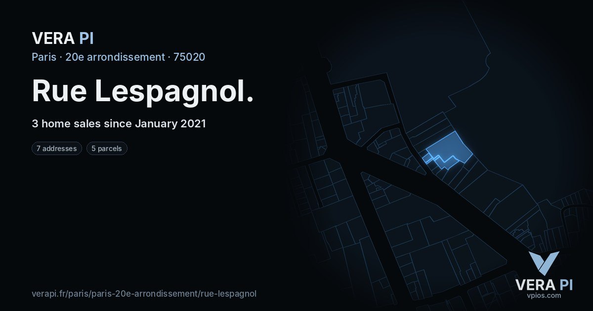 Rue Lespagnol, 20e arrondissement at night – every parcel coloured by the prices around it, the street's own parcels lit