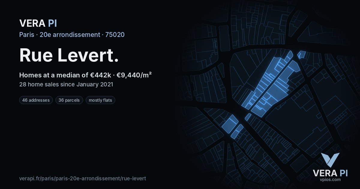 Rue Levert, 20e arrondissement at night – every parcel coloured by the prices around it, the street's own parcels lit