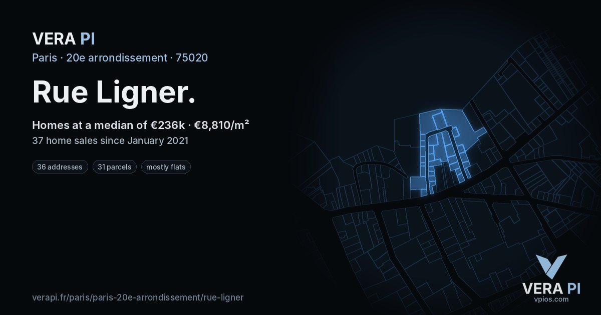 Rue Ligner, 20e arrondissement at night – every parcel coloured by the prices around it, the street's own parcels lit