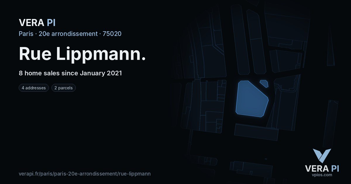 Rue Lippmann, 20e arrondissement at night – every parcel coloured by the prices around it, the street's own parcels lit
