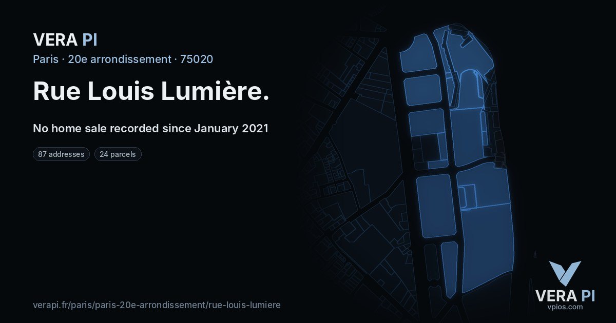 Rue Louis Lumière, 20e arrondissement at night – every parcel coloured by the prices around it, the street's own parcels lit
