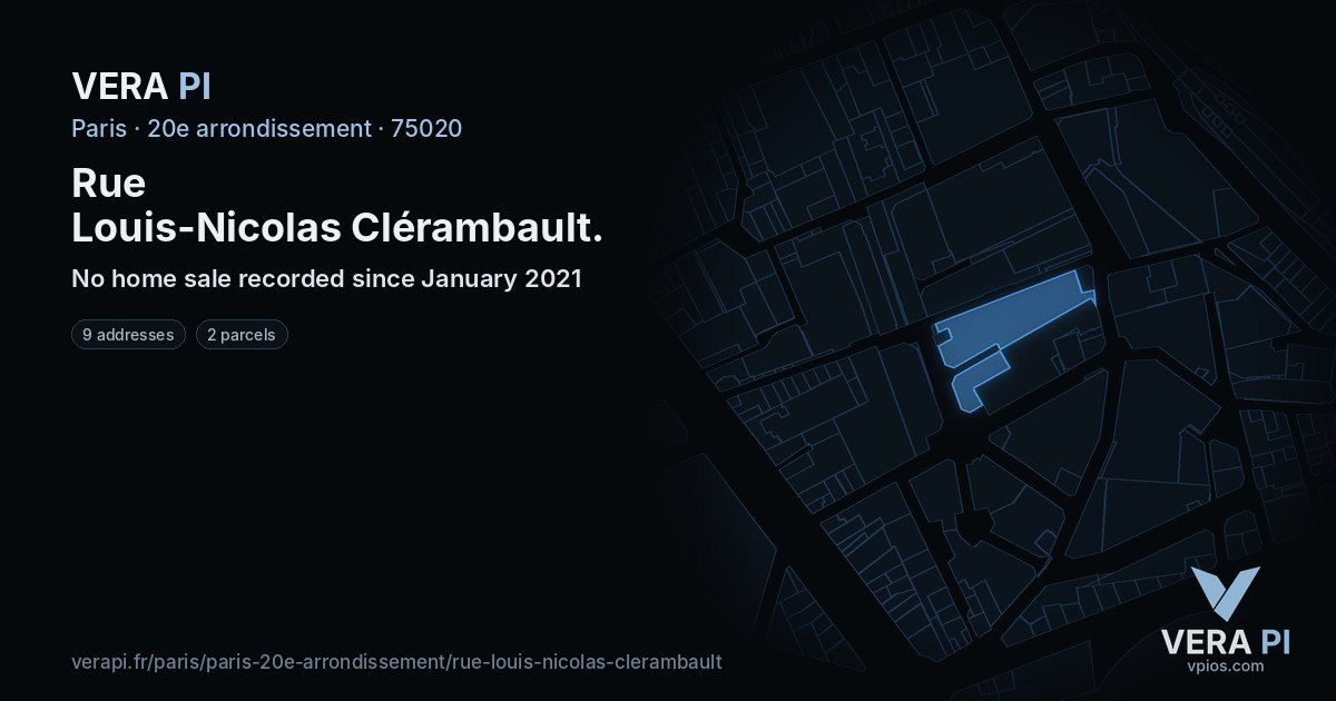 Rue Louis-Nicolas Clérambault, 20e arrondissement at night – every parcel coloured by the prices around it, the street's own parcels lit