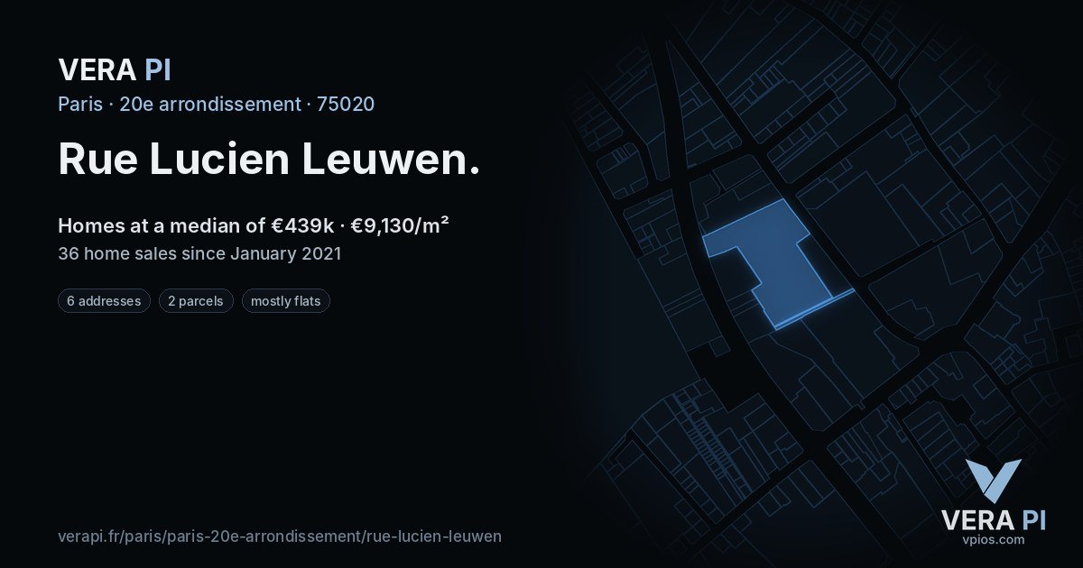Rue Lucien Leuwen, 20e arrondissement at night – every parcel coloured by the prices around it, the street's own parcels lit