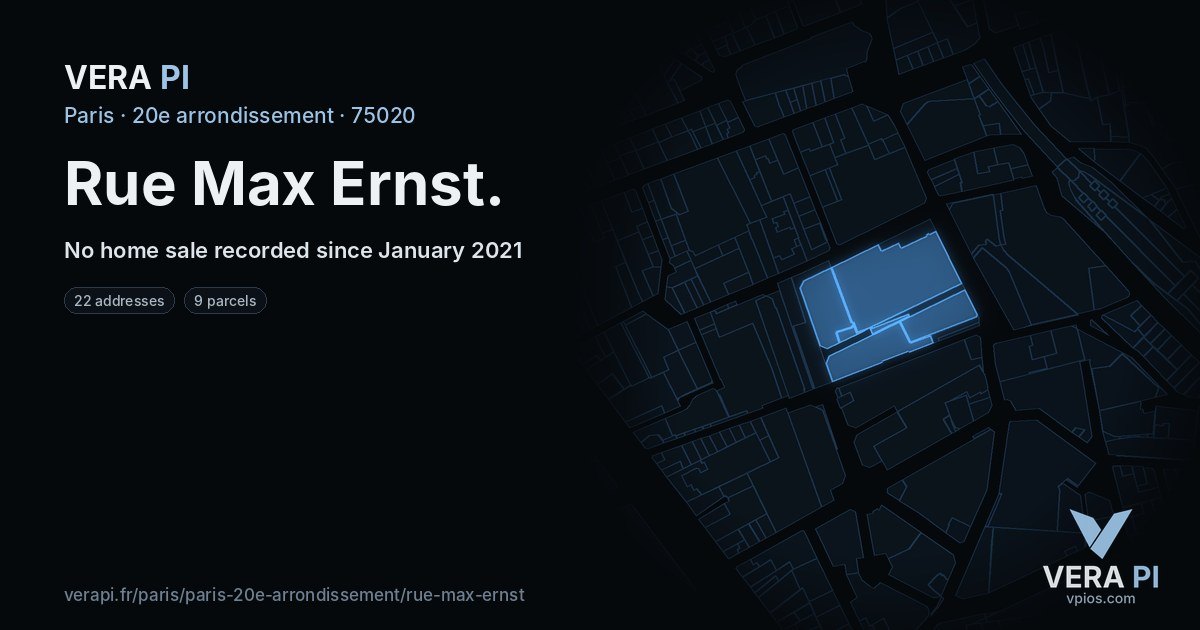 Rue Max Ernst, 20e arrondissement at night – every parcel coloured by the prices around it, the street's own parcels lit