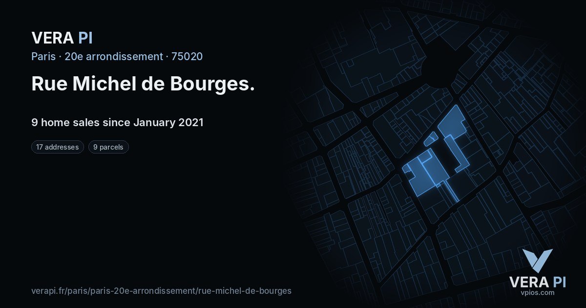 Rue Michel de Bourges, 20e arrondissement at night – every parcel coloured by the prices around it, the street's own parcels lit