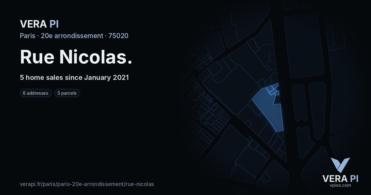 Rue Nicolas, 20e arrondissement at night – every parcel coloured by the prices around it, the street's own parcels lit