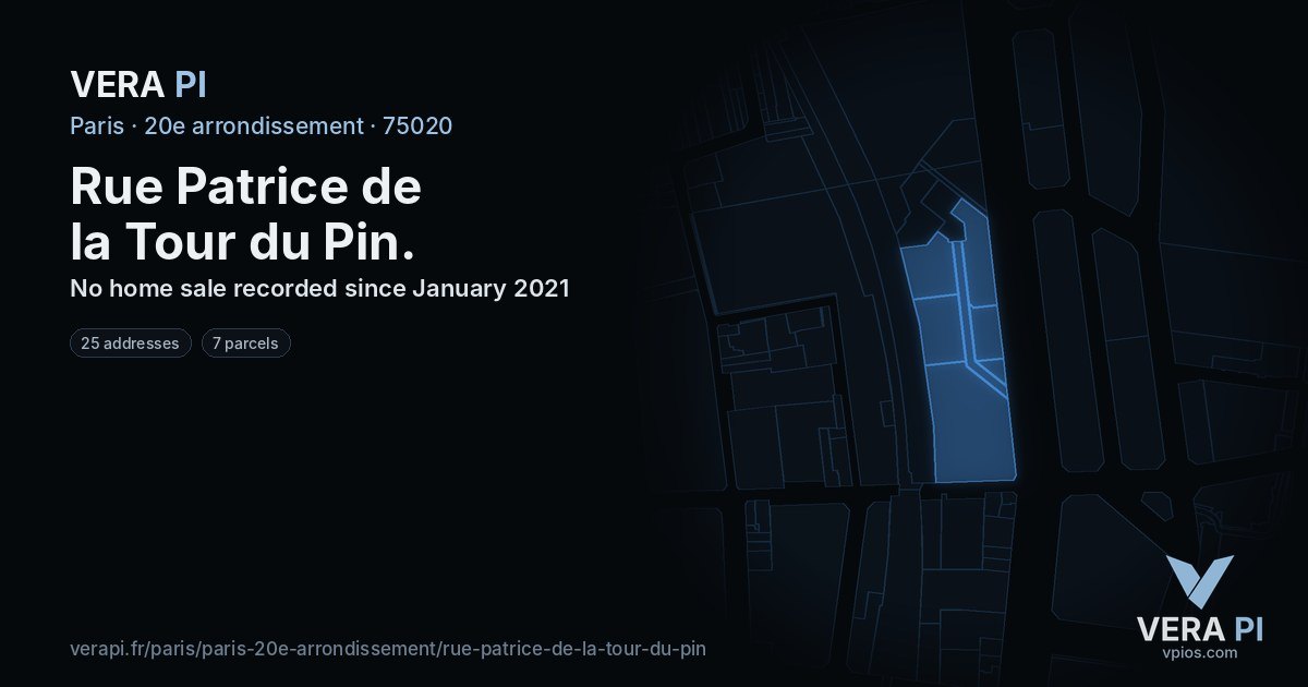 Rue Patrice de la Tour du Pin, 20e arrondissement at night – every parcel coloured by the prices around it, the street's own parcels lit