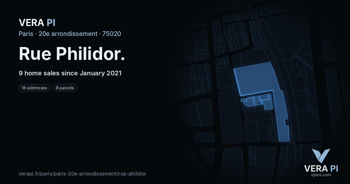 Rue Philidor, 20e arrondissement at night – every parcel coloured by the prices around it, the street's own parcels lit