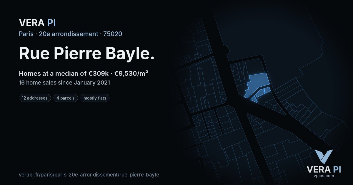 Rue Pierre Bayle, 20e arrondissement at night – every parcel coloured by the prices around it, the street's own parcels lit