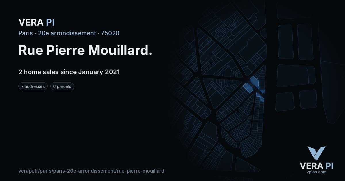 Rue Pierre Mouillard, 20e arrondissement at night – every parcel coloured by the prices around it, the street's own parcels lit