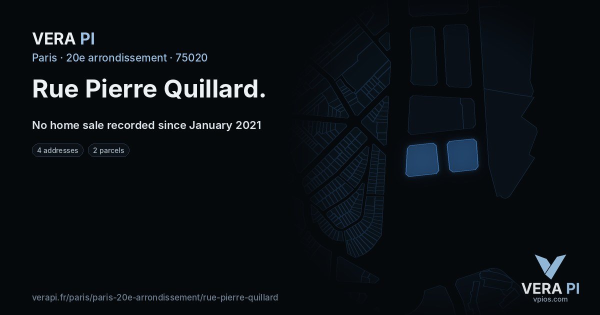 Rue Pierre Quillard, 20e arrondissement at night – every parcel coloured by the prices around it, the street's own parcels lit