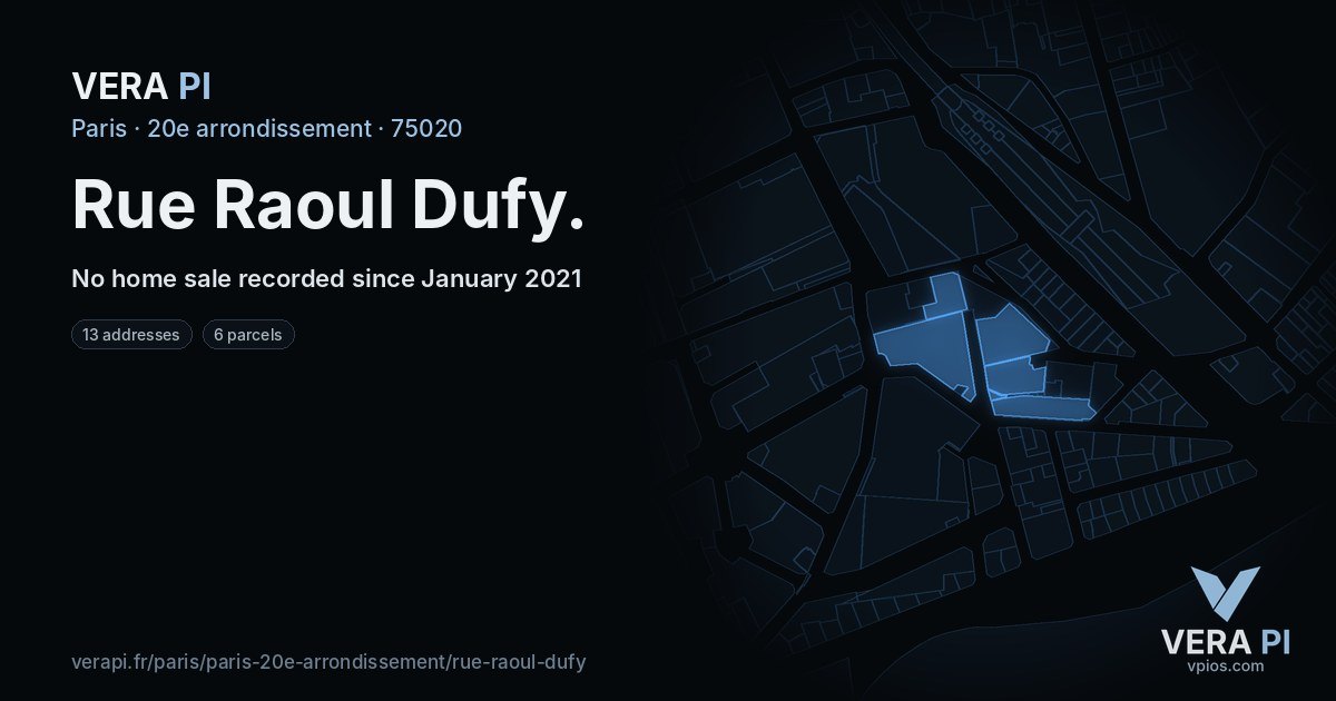 Rue Raoul Dufy, 20e arrondissement at night – every parcel coloured by the prices around it, the street's own parcels lit