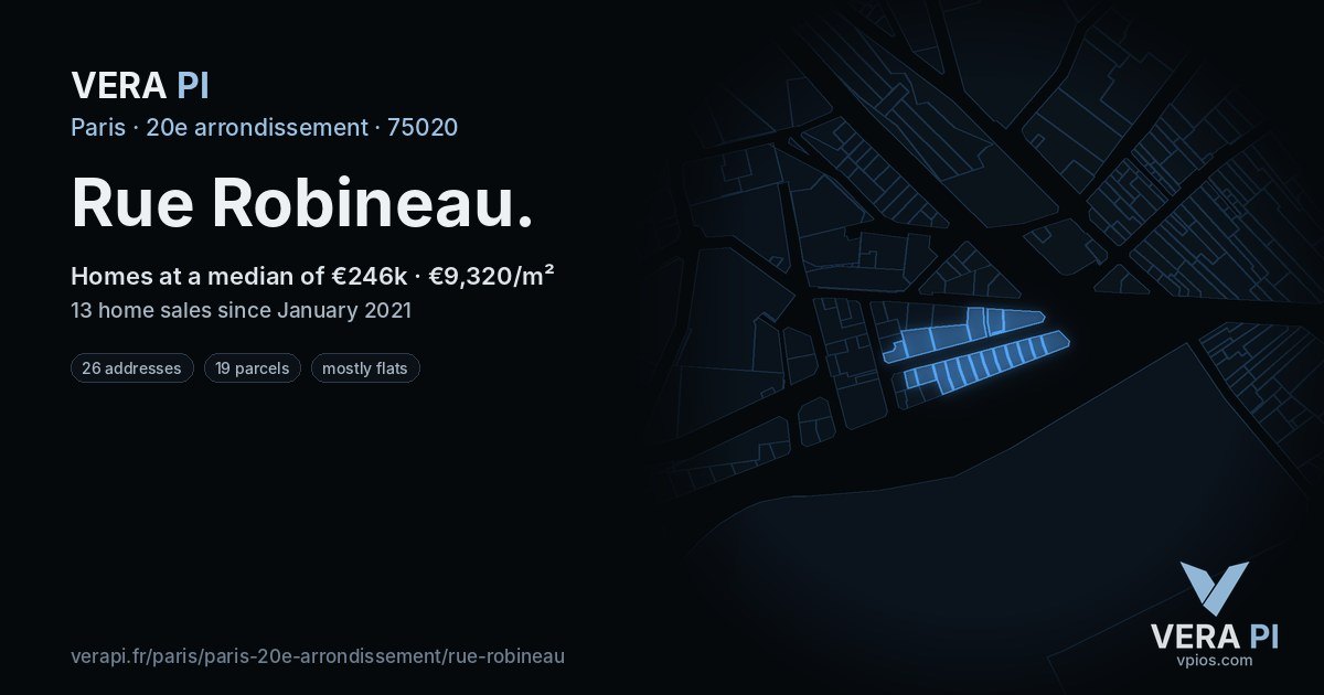 Rue Robineau, 20e arrondissement at night – every parcel coloured by the prices around it, the street's own parcels lit