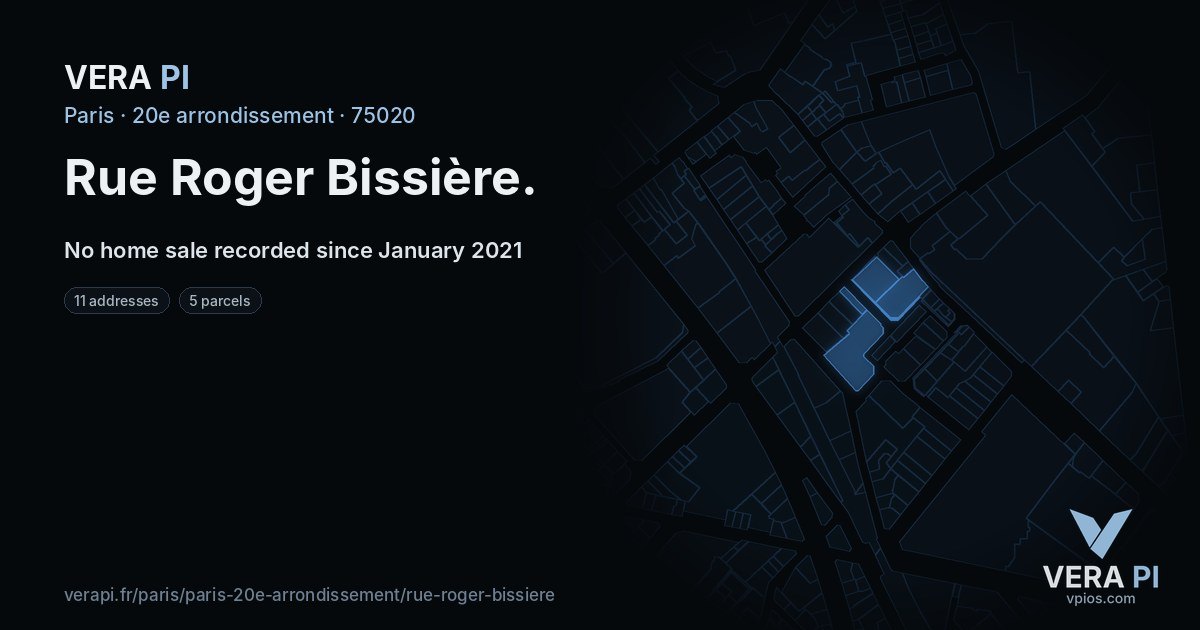 Rue Roger Bissière, 20e arrondissement at night – every parcel coloured by the prices around it, the street's own parcels lit