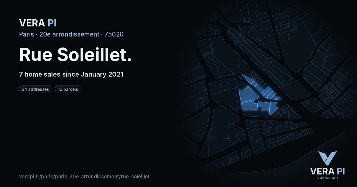 Rue Soleillet, 20e arrondissement at night – every parcel coloured by the prices around it, the street's own parcels lit