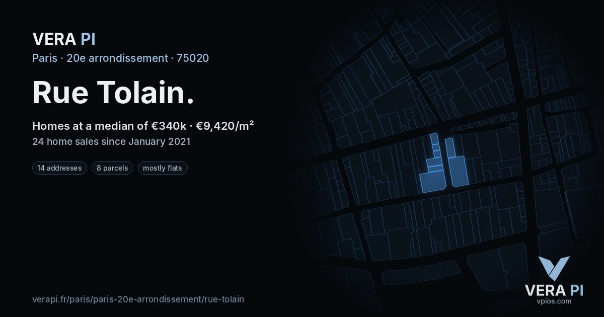 Rue Tolain, 20e arrondissement at night – every parcel coloured by the prices around it, the street's own parcels lit