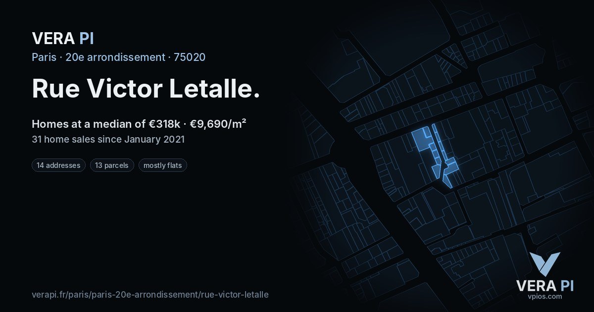 Rue Victor Letalle, 20e arrondissement at night – every parcel coloured by the prices around it, the street's own parcels lit