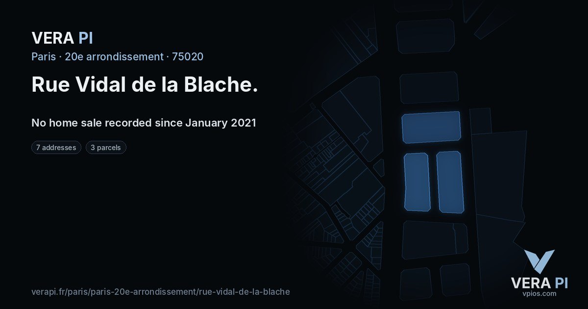 Rue Vidal de la Blache, 20e arrondissement at night – every parcel coloured by the prices around it, the street's own parcels lit