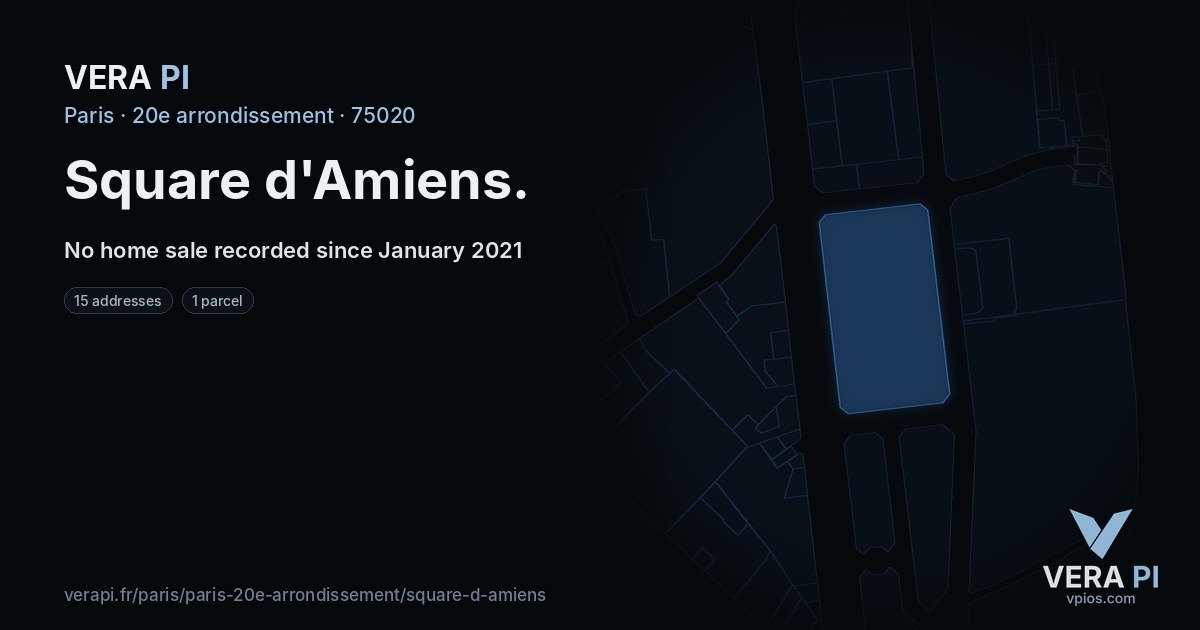 Square d'Amiens, 20e arrondissement at night – every parcel coloured by the prices around it, the street's own parcels lit