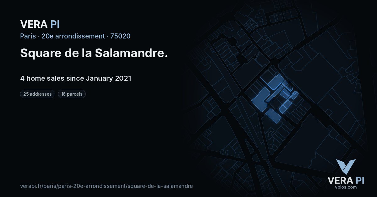 Square de la Salamandre, 20e arrondissement at night – every parcel coloured by the prices around it, the street's own parcels lit