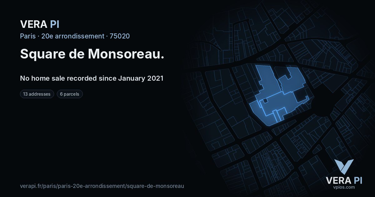 Square de Monsoreau, 20e arrondissement at night – every parcel coloured by the prices around it, the street's own parcels lit
